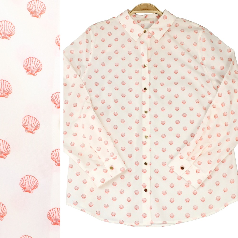 Chico's No-Iron Scallop Shell Cotton Button Up Shirt 1.5/M Ivory Coastal Beach